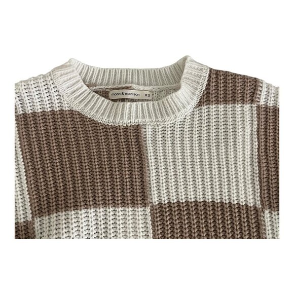 Moon & Madison Checkered Sweater XS Brown Cream Cropped Knit Pullover - Picture 3 of 5